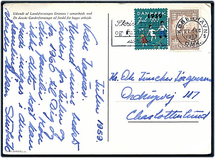 20 øre 1000 års udg. og 1959/1953 Julemærke provisorium på brevkort fra København d. 22.12.1959 til Charlottenlund.