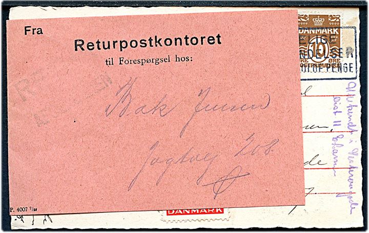 10 øre Bølgelinie og Julemærke 1933 på brevkort fra København d. 24.12.1933 til Aalborg. Retur med stempel ubekendt i Aalborg / Postbudfmd. og returneret med forespørgselsetiket fra Returpostkontoret.