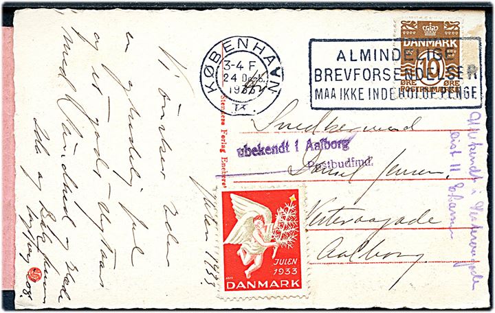 10 øre Bølgelinie og Julemærke 1933 på brevkort fra København d. 24.12.1933 til Aalborg. Retur med stempel ubekendt i Aalborg / Postbudfmd. og returneret med forespørgselsetiket fra Returpostkontoret.
