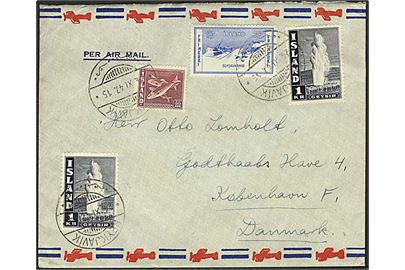 35+25 aur Velgørenhed, 35 aur Sild og 1 kr. Geysir (2) på luftpostbrev fra Reykjavik d. 24.11.1947 til København, Danmark.