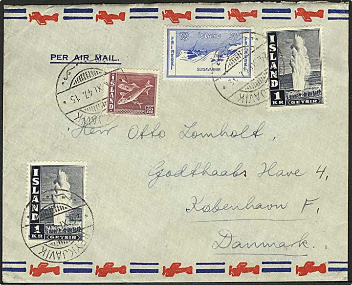 35+25 aur Velgørenhed, 35 aur Sild og 1 kr. Geysir (2) på luftpostbrev fra Reykjavik d. 24.11.1947 til København, Danmark.