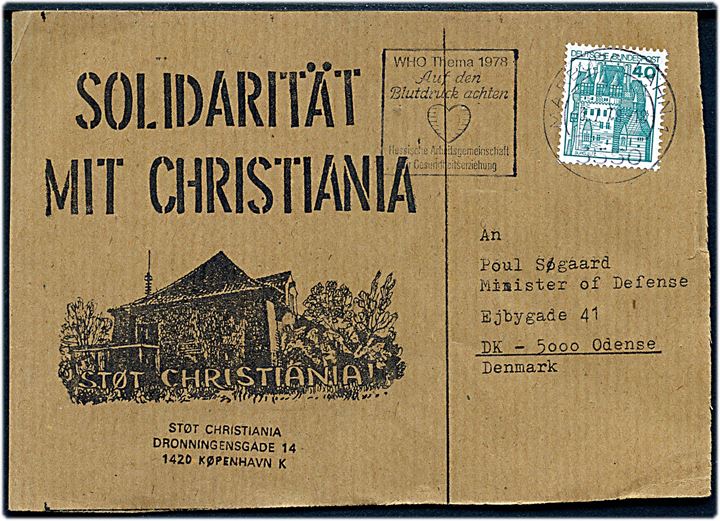 Solidarität mit Christiania tysk protest-brevkort fra Marburg d. 3.7.1978 til forsvarsminister Poul Søgaard i Odense.