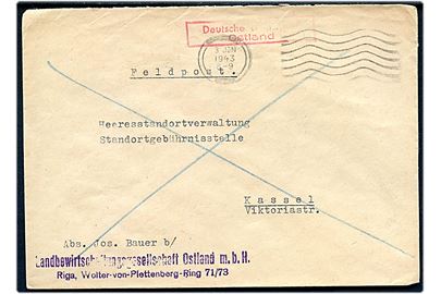 Ufrankeret feltpostbrev mærket Deutsche Dienstpost Ostland med stumt stempel fra Riga d. 3.6.1943 til Kassel, Tyskland.