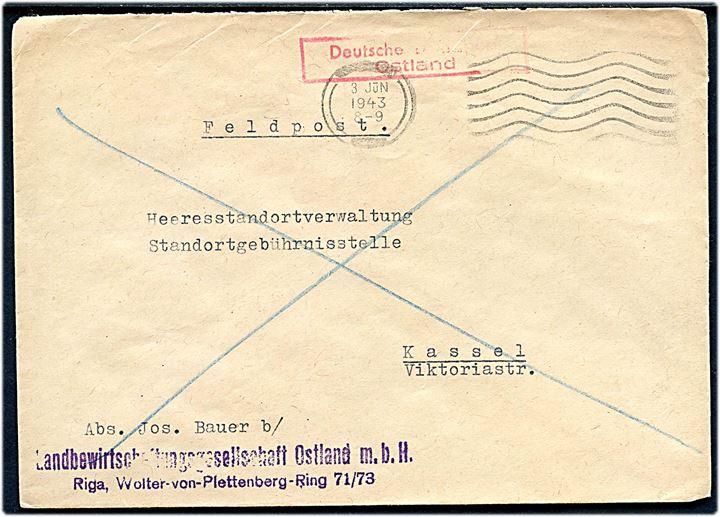 Ufrankeret feltpostbrev mærket Deutsche Dienstpost Ostland med stumt stempel fra Riga d. 3.6.1943 til Kassel, Tyskland.