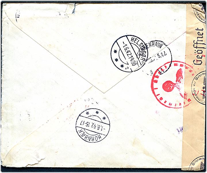 7 l. i parstykke på anbefalet brev fra Sofia d. 22.5.1942 til København, Danmark - eftersendt til Hornbæk. Åbnet af tysk censur i Wien.