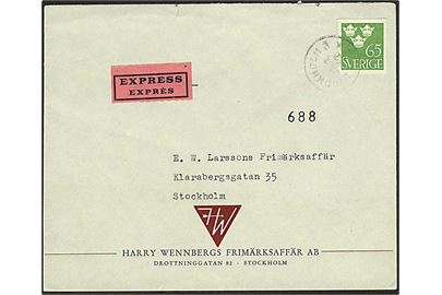 65 öre Tre Kroner single på lokalt ekspresbrev i Stockholm d. 24.1.1952.