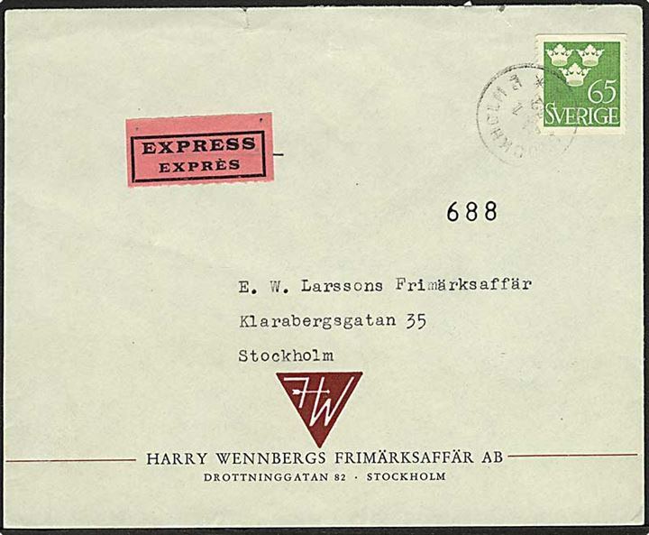 65 öre Tre Kroner single på lokalt ekspresbrev i Stockholm d. 24.1.1952.