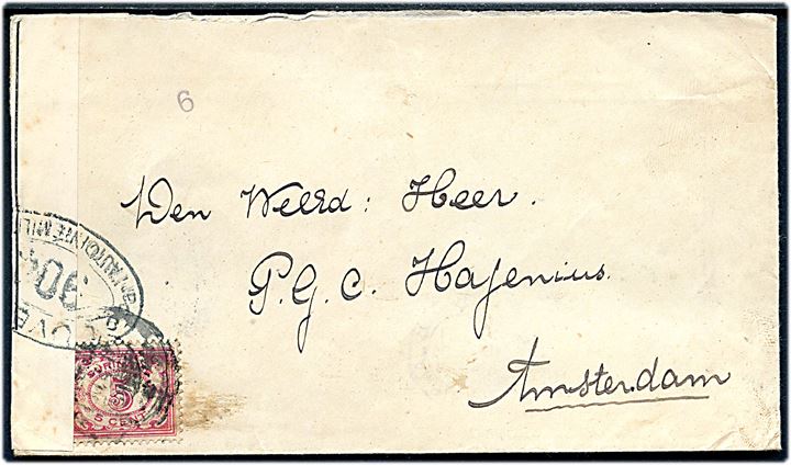 5 c. Ciffer på brev fra Suriname 1916 til Amsterdam, Holland. Åbnet af fransk censur i London med stempel 904 og ank.stemplet i Amsterdam d. 30.9.1916.