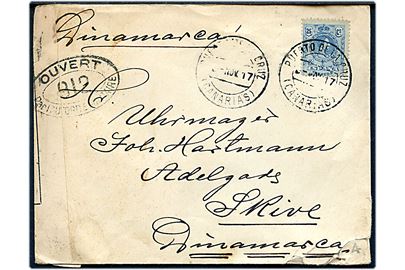 25 cts. Alfonso på brev annulleret Puerto de la Luz d. x.11.1917 til Skive, Danmark. Åbnet af fransk censur i London no. 912.