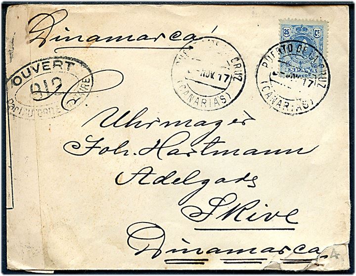 25 cts. Alfonso på brev annulleret Puerto de la Luz d. x.11.1917 til Skive, Danmark. Åbnet af fransk censur i London no. 912.