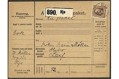30 öre Oscar single på indenrigs adressekort for pakke fra Hjo d. 9.8.1911 til Hubo.
