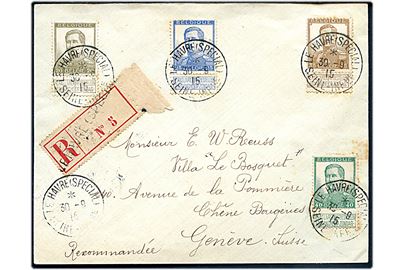Albert med kupon på filatelistisk brev fra Le Havre (Special) d. 30.9.1915 til Geneve, Schweiz. Belgisk exilpost i Frankrig under 1. verdenskrig.