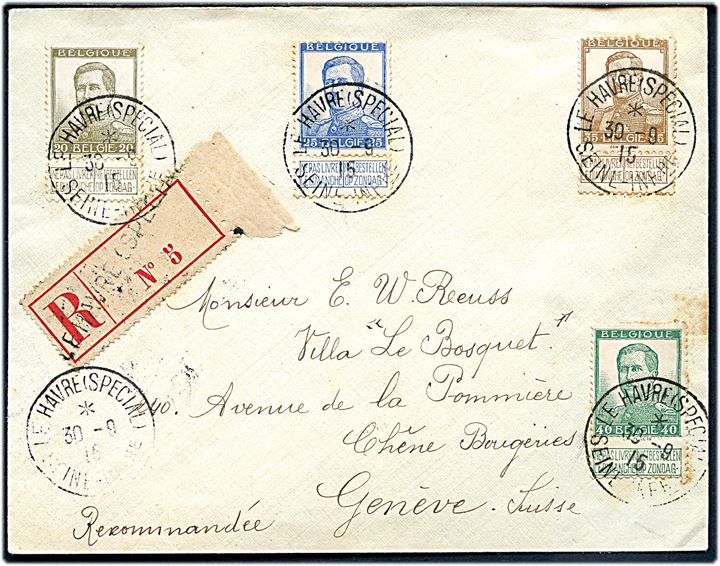 Albert med kupon på filatelistisk brev fra Le Havre (Special) d. 30.9.1915 til Geneve, Schweiz. Belgisk exilpost i Frankrig under 1. verdenskrig.
