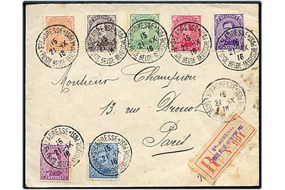 Kong Albert på filatelistisk anbefalet brev stemplet Ste Adressse * Poste Belge - Belgische Post * d. 21.9.1916 til Paris, Frankrig. Belgisk exilpost i Frankrig under 1. verdenskrig.