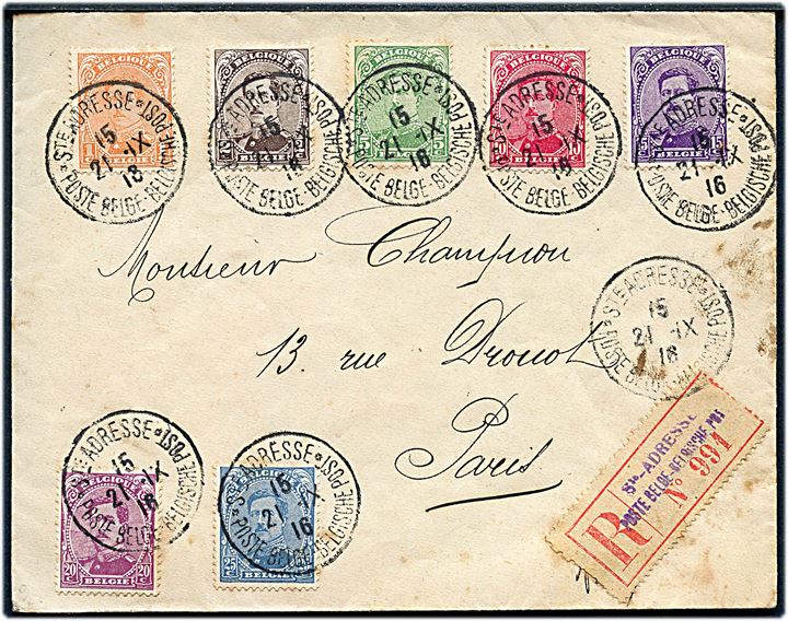 Kong Albert på filatelistisk anbefalet brev stemplet Ste Adressse * Poste Belge - Belgische Post * d. 21.9.1916 til Paris, Frankrig. Belgisk exilpost i Frankrig under 1. verdenskrig.