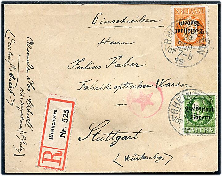 Volksstaat Bayern 5 pfg. og 30 pfg. Provisorium på anbefalet brev fra Rheinzabern d. 29.9.1919 til Stuttgart. Rødt censurstempel Stjerne.