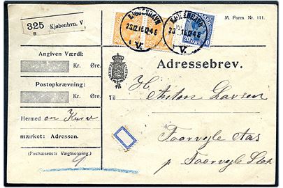 20 øre og 35 øre (par) Chr. X, samt Syltetøjs-mærke - provisorisk gebyrmærke, på adressebrev for pakke fra Kjøbenhavn d. 23.12.1915 til Faarevejle.