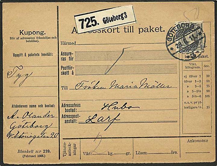 50 öre Oscar single på indenrigs adressekort for pakke fra Göteborg d. 28.6.1911 til Hubo.