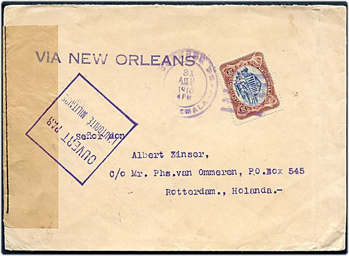 50 c. på brev fra Guatemala d. 31.8.1916 til Rotterdam, Holland. Åbnet af fransk censur i Dieppe. Liniestempel via New Orleans.