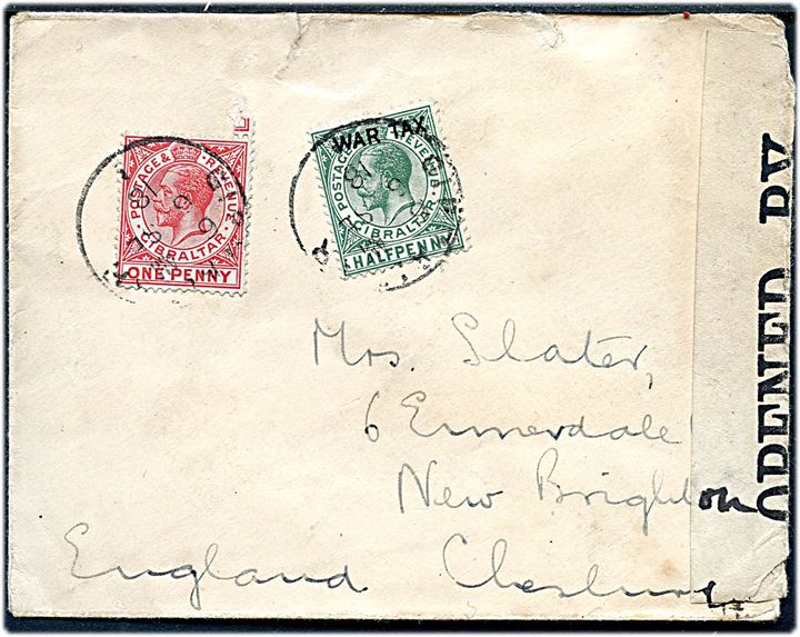 1d George V og ½d War Tax Provisorium på brev fra Gibraltar d. 6.8.1918 til England. Åbnet af britisk censur no. 4939 - antagelig i Gibraltar.