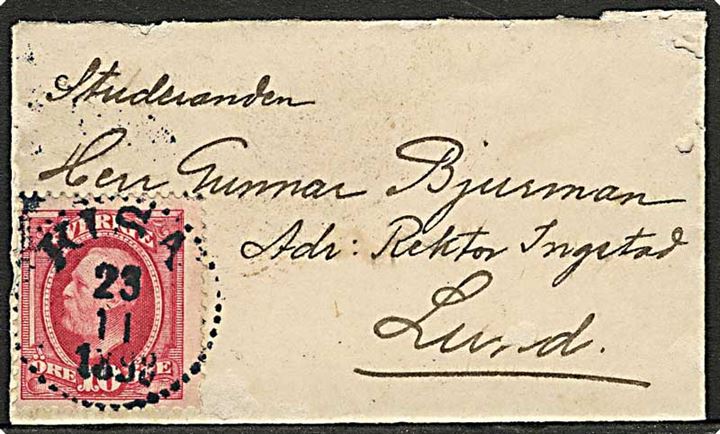 10 öre Oscar på lille brev fra Kisa d. 23.11.1899 til Lund.