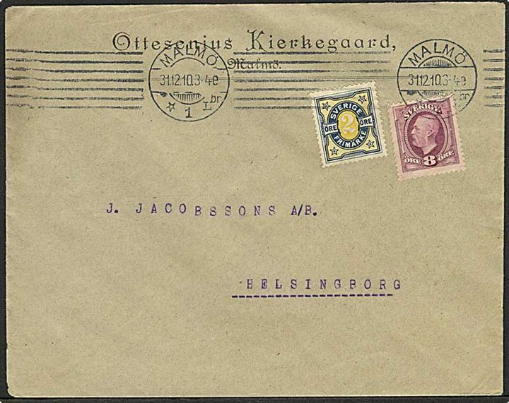 8 öre Oscar og 2 öre Ciffer på brev fra Malmö d. 31.12.1910 til Helsingborg.