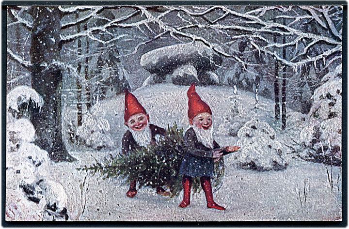 Ludvig Møgelgaard: 2 Nisser i skoven henter juletræ. A. Vincent serie 83.