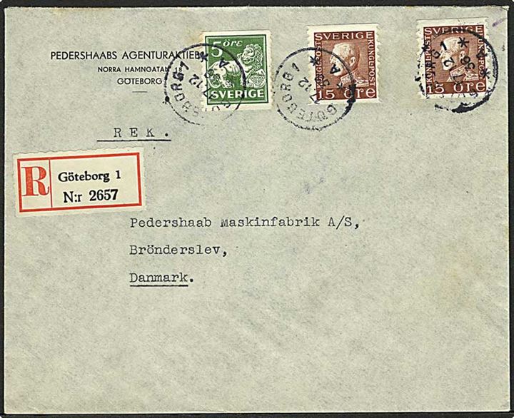 5 öre Løve og 15 öre Gustaf (2) på anbefalet brev fra Göteborg d. 17.12.1935 til Brønderslev, Danmark.