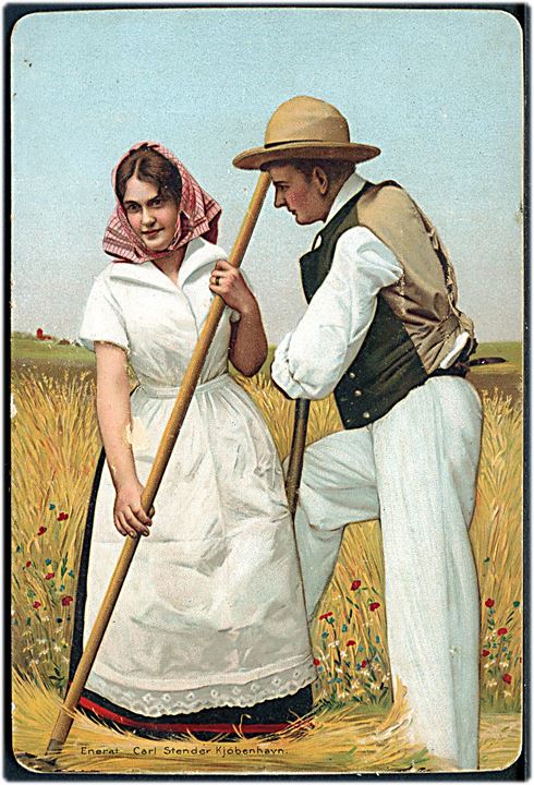 Kartonkort. Par på arbejde i marken. Stenders u/no. Anvendt 1896.