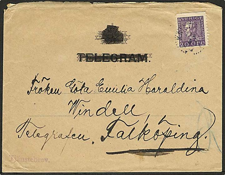 20 öre Gustaf på telegram-kuvert stemplet Tjenestebrev fra Kristian... d. 18.5.1922 til Falköping. 