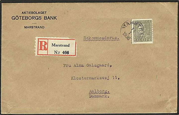 50 öre Gustaf single på anbefalet brev fra Marstrand d. 11.1.1936 til Aalborg, Danmark.