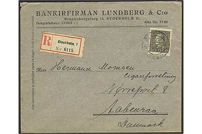 50 öre Gustaf single på anbefalet brev fra Stockholm d. 20.9.1923 til Aabenraa, Danmark.