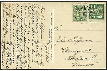 5 öre Gustaf og 5 öre Løve (skævt skåret) på brevkort fra Kullen annulleret med bureaustempel PLK 122 d. 20.7.1921 til København. PLK 122 = (Mölle)-Höganäs-Åstorp.