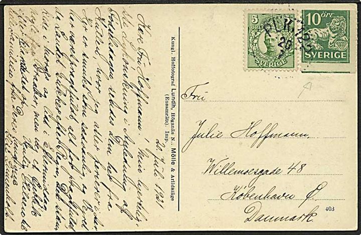 5 öre Gustaf og 5 öre Løve (skævt skåret) på brevkort fra Kullen annulleret med bureaustempel PLK 122 d. 20.7.1921 til København. PLK 122 = (Mölle)-Höganäs-Åstorp.