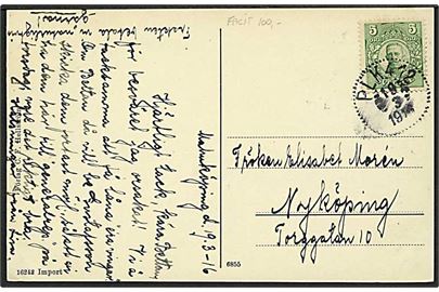 5 öre Gustaf på brevkort fra Malmköping annulleret med bureaustempel PLK 412 d. 19.3.1916 til Nyköping. PLK 412 = Stålboga-Skebokvarn.