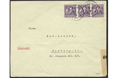 10 öre Berzelius (4-sider takket) i 3-stribe på brev fra Malmö d. 26.11.1939 til Hamburg, Tyskland. Åbnet af tysk censur.