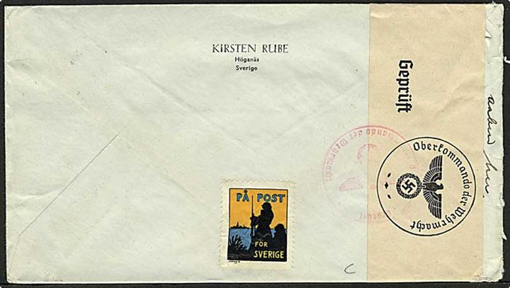 5 öre og 10 öre Løve på brev fra Höganäs d. 27.8.1940 til Lyngby, Danmark. Åbnet af tysk censur i Hamburg el. Berlin. Utydelig dato.