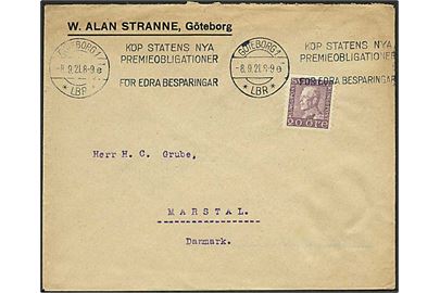 20 öre Gustaf på brev annulleret med TMS Köp statens nya Premieobligationer/Göteborg d. 8.9.1921 til Marstal, Danmark.