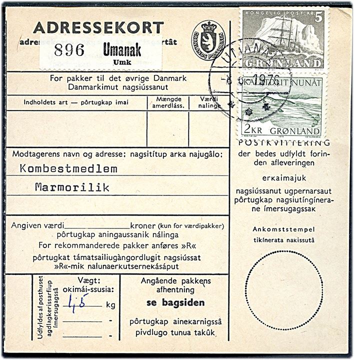 2 kr. Narhval og 5 kr. Ishavsskib på adressekort for indenrigspakke fra Umanak d. 8.6.1976 til Marmorilik. 