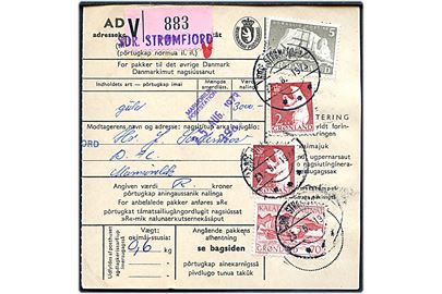 70 øre Postbefordring, 2 kr. Isbjørn (2) og 5 kr. Ishavsskib på adressekort for indenrigs-anbefalet pakke fra Sdr. Strømfjord d. 23.6.1973 til Marmorilik.
