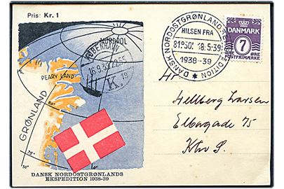 7 øre Bølgelinie på illustreret ekspeditionsbrevkort sendt som lokal tryksag og annulleret med særstempel Dansk Nordostgrønlandsekspedition d. 18.5.1939 og sidestemplet København d. 16.9.1939 til København.