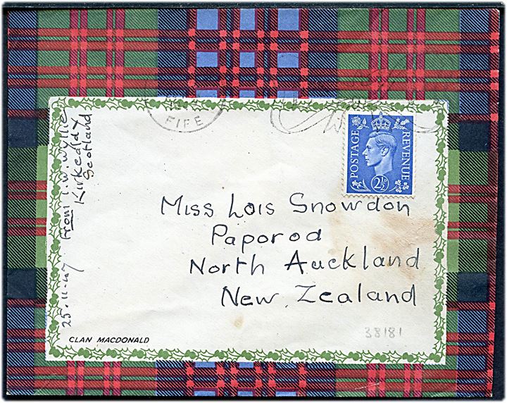 2½d George VI på illustreret klan-kuvert Clan Macdonald fra Kirkcaldy, Fife i Scotland 1947 til Paporod, North Auckland, New Zealand.