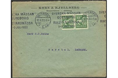 10 öre Løve i parstykke på brev annulleret med TMS Svenska Mässan Göteborg/Göteborg d. 17.6.1922 til Marstal, Danmark.