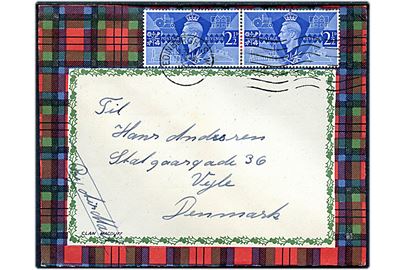 2½d George VI i parstykke på illustreret klan-kuvert Clan Macduff sendt som luftpost fra Edinburgh d. 19.8.1946 til Vejle, Danmark.