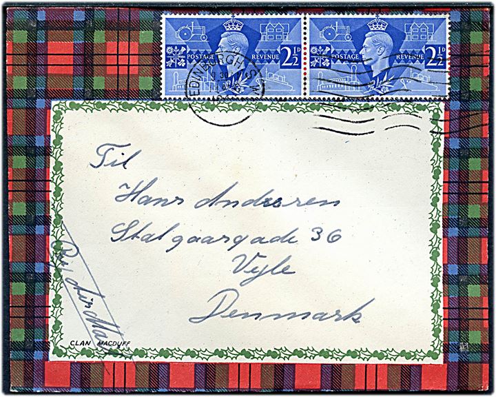 2½d George VI i parstykke på illustreret klan-kuvert Clan Macduff sendt som luftpost fra Edinburgh d. 19.8.1946 til Vejle, Danmark.