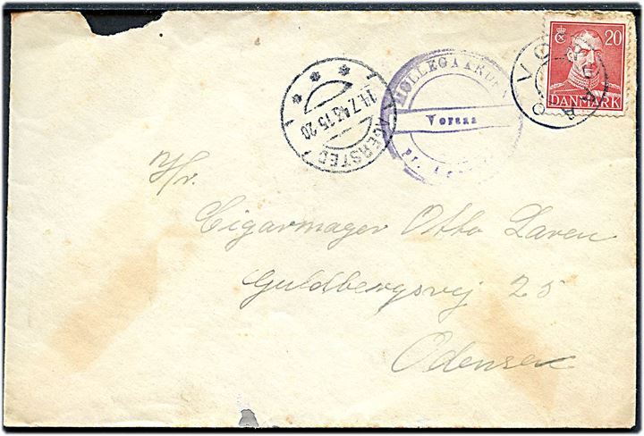 20 øre Chr. X på brev fra FDF Aalborg lejr på Møllegaarden annulleret med udslebet stjernestempel VORSAA og sidestemplet Agersted d. 14.7.1943 og privat sidestempel Møllegaarden / Vorsaa / pr. Agersted til Odense.