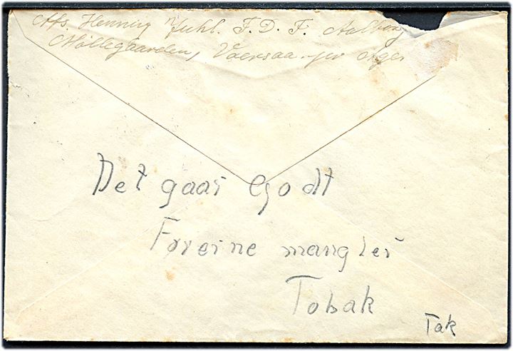 20 øre Chr. X på brev fra FDF Aalborg lejr på Møllegaarden annulleret med udslebet stjernestempel VORSAA og sidestemplet Agersted d. 14.7.1943 og privat sidestempel Møllegaarden / Vorsaa / pr. Agersted til Odense.