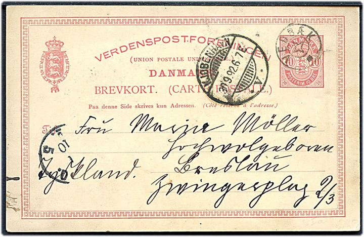10 øre Våben helsagsbrevkort annulleret med stjernestempel VEDBÆK og sidestemplet Kjøbenhavn V. d. 30.9.1892 til Berlin, Tyskland.