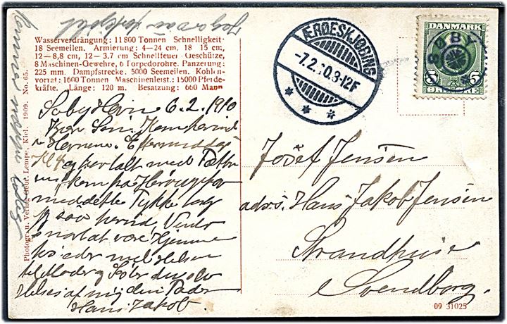 5 øre Fr. VIII på brevkort (Tysk linieskib SMS Schwaben) annulleret med stjernestempel SØBY og sidestemplet Ærøeskjøbing d. 7.2.1910 til Strandhuse pr. Svendborg.