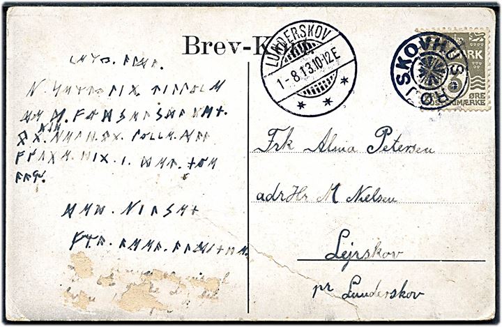 3 øre Bølgelinie på lokalt brevkort annulleret med stjernestempel RØJSKOVHUS og sidestemplet Lunderskov d. 1.8.1913 til Lejrskov pr. Lunderskov.